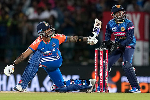 Suryakumar Yadav watches his shot against Sri Lanka